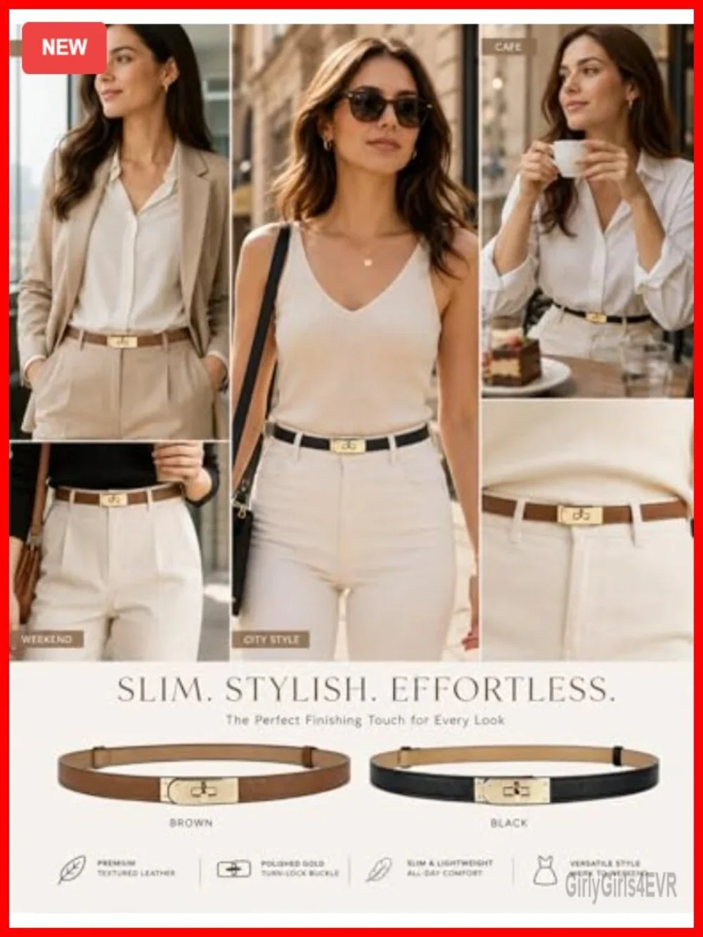 Adjustable Skinny Belt for Women Turn-Lock Gold Buckle Faux Leather